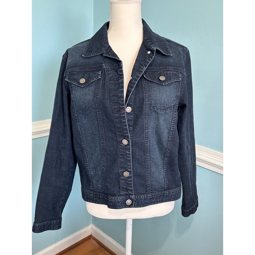 Riveted by Lee Womens Large Dark Wash Denim Trucker Jacket Stretch Blue Cotton